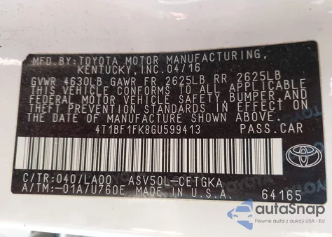 2016 Toyota Camry Xle из США, поврежденный, VIN 4T1BF1FK8GU599413